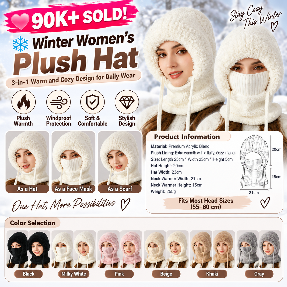 💞90K+ SOLD! ❄️Winter Women’s Plush Hat – 3-in-1 Warm and Cozy Design for Daily Wear